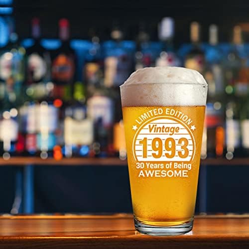 Presentes de aniversário de 30 anos para homens, mulheres amigas, vintage 1993 Impresso 16oz de vidro de cerveja - Funny