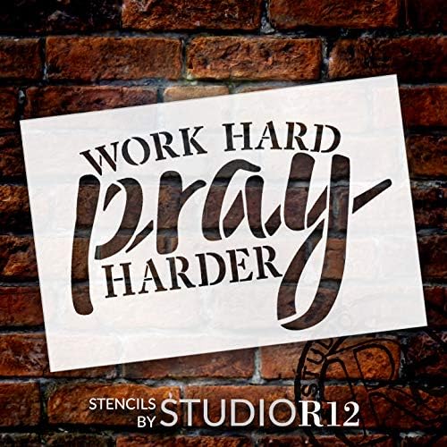 Trabalhe duro Pray mais estêncil por Studior12 | Crie presente cursivo de inspiração cristã rústica | DIY Farmhouse Faith Cote