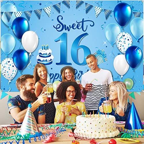 Sweet 16th Birthday Birthday Banddrop Banner, tecido extra grande azul de 16º sinal de poster de fotografia Banner com balão para o 16º aniversário de aniversário de festas de decoração, 72,8 x 43,3 polegadas