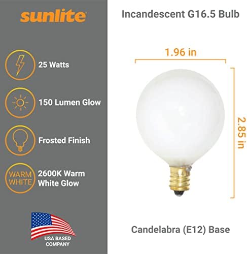 Sunlite 40157-su G16.5 Lâmpadas globais 25 watts, base de candelabros, 120 volts, incandescentes, diminuídos, 25 pacote, 2600k Warm White, contagem