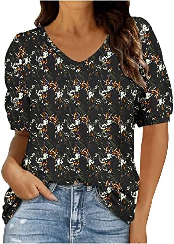 Comigeewa V Bloups de spandex de pescoço para meninas Manga curta de manga floral estampa floral FIT LOUNGE Tops listrados T camisetas femininas