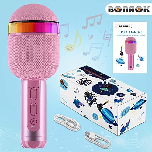 Microfone de karaokê de bluetooth sem fio Bonaok com luzes LED, 4 em 1 portátil portátil de karaokê de karaokê presentes de aniversário