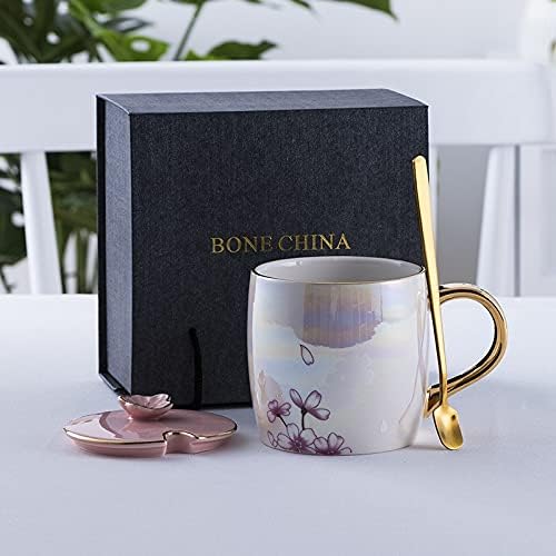 Dodouna Flamingo Dazzle Color Pearl Mark Cup com capa com uma colher leite amantes de café Caixas de presente de xícara de cerâmica