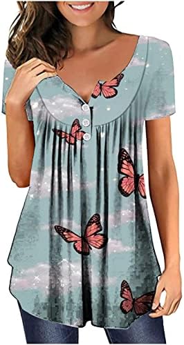 Blusa feminina Manga curta 2023 Crewneck de algodão botão para cima de uma camisa superior de plissada Floral Graphic
