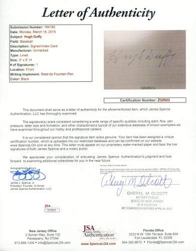 Hugh Duffy autografado 3x5 Índice Card Boston Red Sox JSA Z32923 - MLB Cut Signature