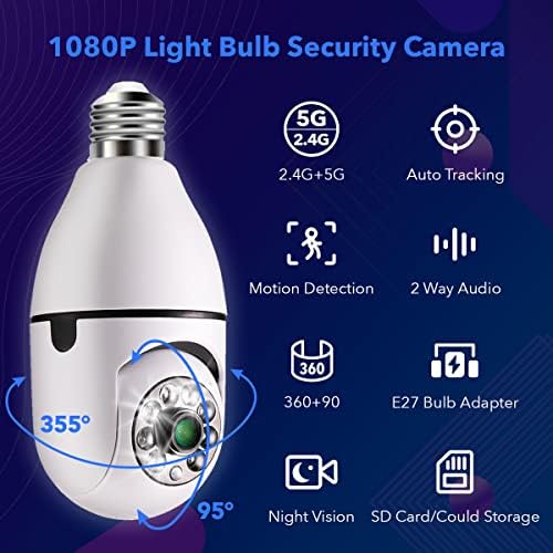 Câmera de segurança da lâmpada, 1080p 2.4g e 5g Wi -Fi, 355 ° Detecção de movimento A câmera de segurança da visão de visão noturna