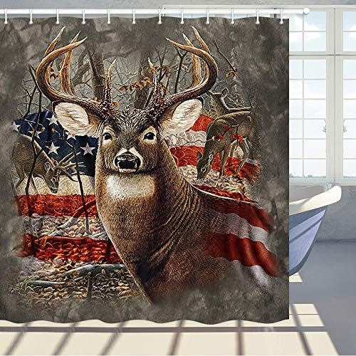 Cortina de chuveiro Jawo Deer, Whitetail Deer Floresta Retro Americana Bandeira Americana, Cortina de Banho de Tecido de Poliéster Com