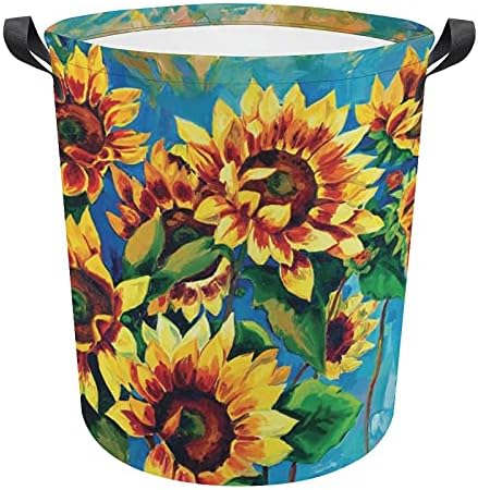 Foduoduo Roupa de cesta de cesta oleosa pintura de girassol cesto de lavanderia com alças Saco de armazenamento de roupas sujas dobráveis