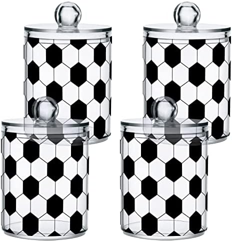 Yyzzh preto e branco Hexagon Soccer Ball Pattern Sport 4 Pack Pack Qtip Dispenser para algodão Swab Ball Round Pads Floss 10