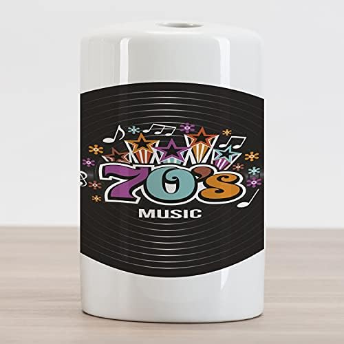 Ambesonne 70s Party Ceramic Toothbrush Suport, tema musical Stars Colorful Flowers Notes Record Vinil Discografia Print,