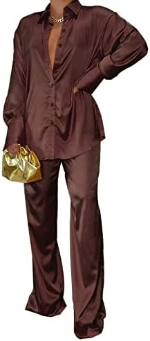 Gtmrinjn feminino cetim de seda 2 peças roupas de manga comprida botão de lapela no topo da perna larga Palazzo Loungewear Pijama