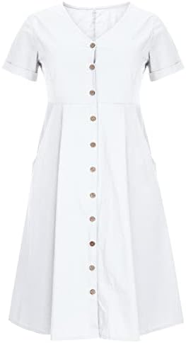 Vestidos de linho de botão para mulheres vestido casual de linho de linho de verão vestido de camiseta de manga curta com bolsos