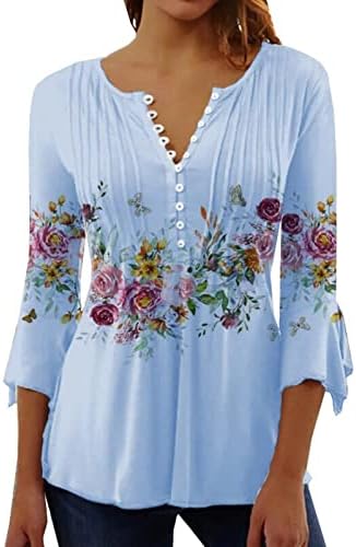 Ladies Floral Printing 3/4 Bloups Sleeve Butão curto Botão de manga curta Down T-shirt Summer Casual Tunic Tops