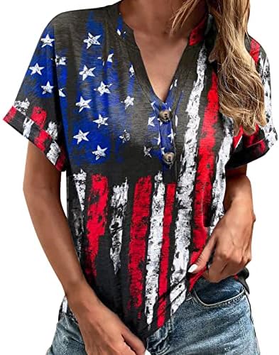 American Flag T-Shirt Mulheres 2023 EUA Estrelas Stripes 4 de julho Camisetas Camisas casuais Tops Button V Pech Tee Tops básicos