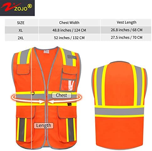 colete de segurança de alta visibilidade do Zojo, 5pcs, refletindo com bolsos multifuncionais e zíper, para homens que as mulheres
