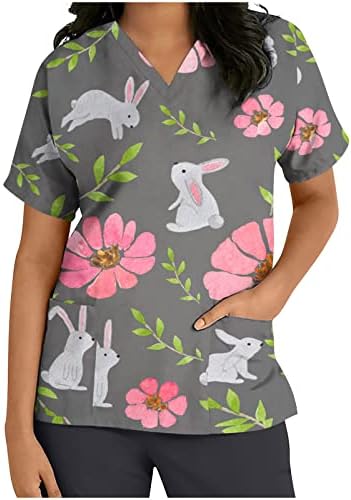 Trabalho feminino esfrega blusas de páscoa blusas de manga profunda v spandex spandex arco -íris floral kawaii coelho de animais