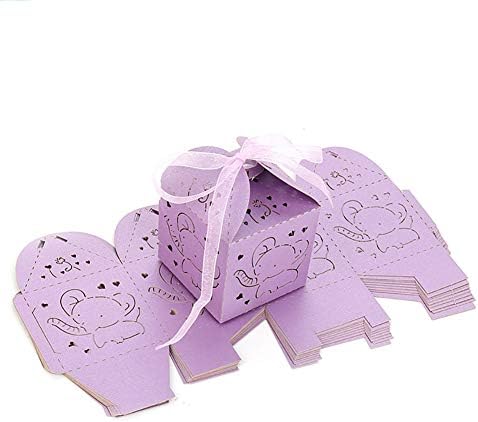 AllHeartDesires 50 Pack Purple Elephant Baby Churche Favor Favor Laser Cut Party Treat Box Girl First 1st Birthday Baterning