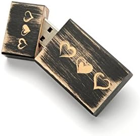 Nightshade Black 16 GB USB Flash Drive- 3 corações Design - Com a caixa de coração da mãe incrustada da Mãe de Pearl em Raffia Grass.