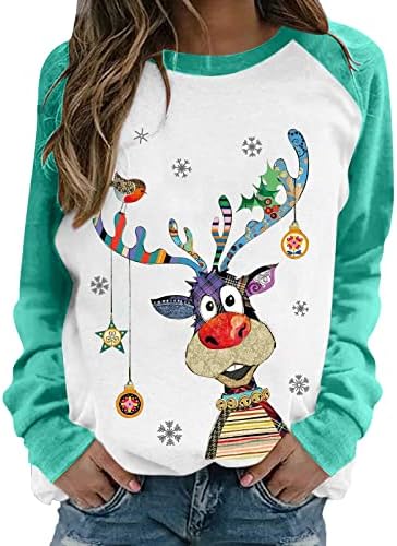 Narhbrg Women Christmas Camisetas, Size de tamanho feminino Xmas de impressão longa de manga longa Selta fofa Crewneck