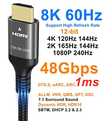 10k 8k 4k HDMI 2,1 Cabo 1,5 pés, certificado 48 Gbps 1ms Ultra de alta velocidade Cabo HDMI 4K 120Hz 144Hz 10K 8K 60Hz 12bits DTs: