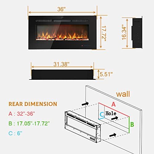 Inserções de lareira elétrica de 36 polegadas de Kentsky, aquecedor de lareira recuado e montado na parede, lareira linear com termostato,