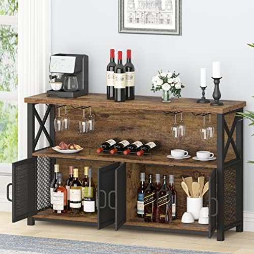 Armário de café industrial LVB, armário de bar de vinhos de fazenda para bebidas alcoólicas e copos, aparador de buffet de madeira