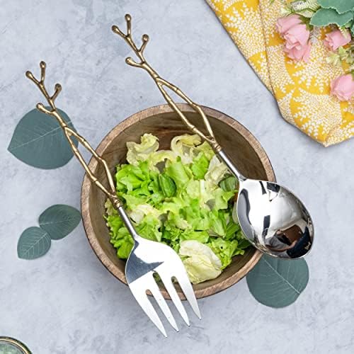 Twig Salad Servers Brass e aço inoxidável, design de folhas de garfo e colher, dois tons ideais para casamentos, jantares, talheres elegantes, presentes de inauguração, espelho de aço inoxidável polido