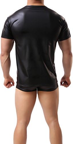 Onefit Men Black Wet Look Look Camiseta curta Tops de roupa de noite de couro falso