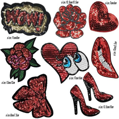 9 PCs Red Patches bordados Lip/batom Ferro de flor em remendo costura em lantejoulas Roupas Diy Aplique Motif Motif Girl