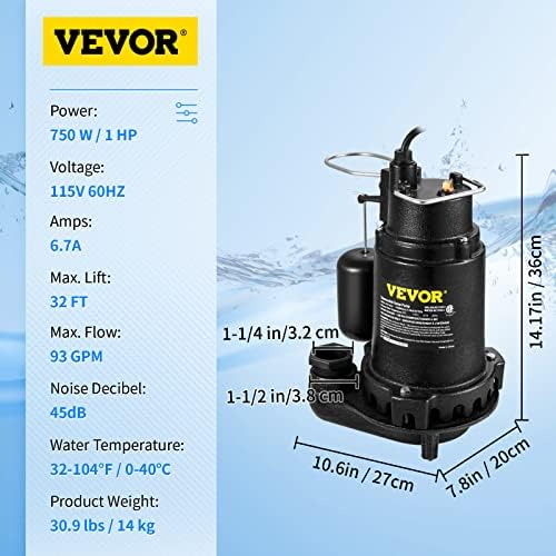 Bomba de poço vevor de 1 hp, 5600 gph fundido de esgoto de ferro fundido