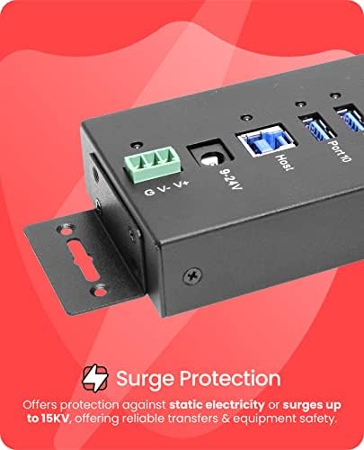 Gearmo USB 3.2 Gen 1 10 Porto Industrial Metal Hub com Proteção de 15kV ESD