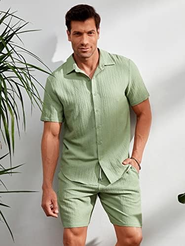 Roupas de duas peças para homens Men Solid Button Camisa frontal e shorts de cintura de cordão