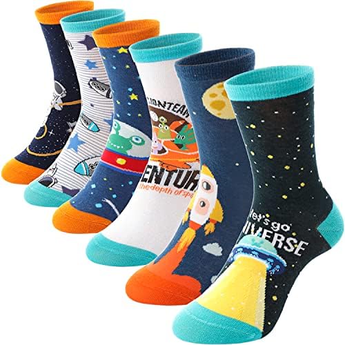 Anlisim 6 pares meninos garotos meias divertidas engraçadas engraçadas desenho animado espacial foguete de dinossauros de algodão meias