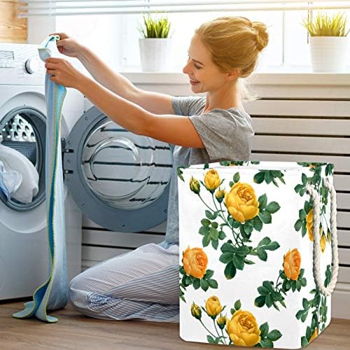 Lavanderia cestar flores amarelas padrão folhas verdes cesto de armazenamento de lavanderia dobrável com alças suportes destacáveis