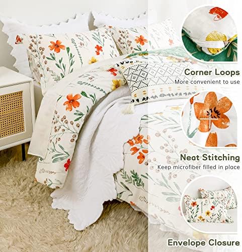 Conjunto de edredom de tamanho King Cozytide, conjuntos de edredom de cama de algodão floral brancos com flores de flor botânica
