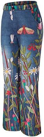 Jeans de perna larga da cintura larga da cintura alta feminina Jeans retos calças de jeans jeans Flare Bell Bottom Jeans de estampa floral solta