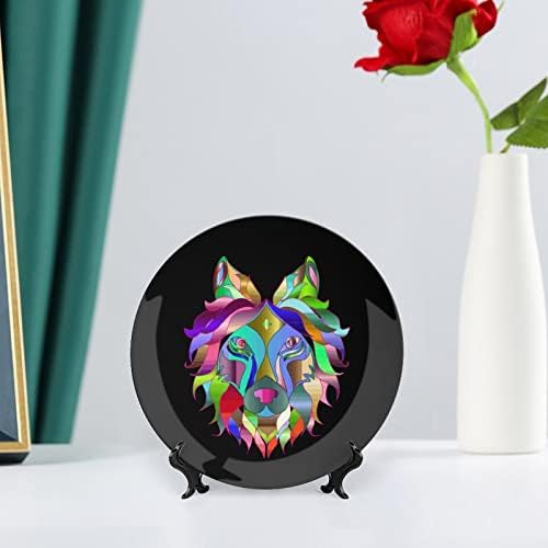 Placas de cerâmica redonda de placa decorativa de lobo cromático com suporte para decoração de casamento em casa