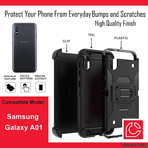 Ohiya Case Compatível com Galaxy A01 [Transformador híbrido Impact Rugged Kickstand Black Case Tampa com coldre de