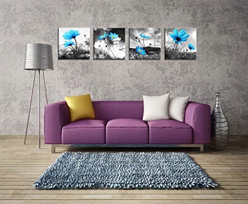 Arte da parede de flores azuis: teal imagens de lona floral para decorações de sala de estar, obra de arte cinza moderna 4 painéis de painel Branco emoldurado Pôster para o banheiro Decoração de casa 12 x 12