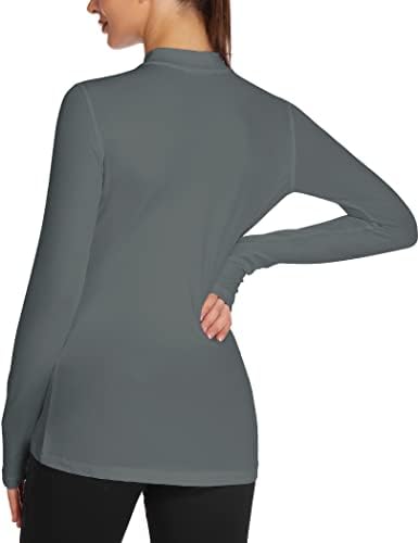 Micro-fleece feminina de coorun Tops Mock pescoço de manga comprida, camisa atlética com minuto cinza