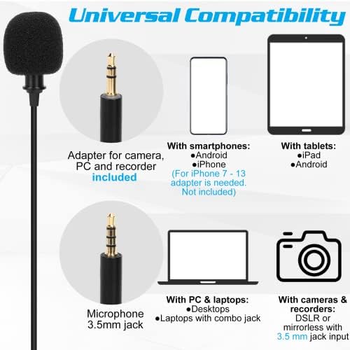 Microfone de lapela Lavalier de grau profissional para Xiaomi Redmi Note 11 Pro 5G compatível com iPhone Phone ou Camera