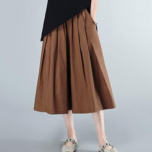 Calça curta para mulheres casuais casuais casuais cintura elástica de algodão calça de algodão cortada em estilo de perna largo café café