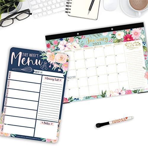 1 calendário floral grande calendário 2023-2024 Padra de mesa do calendário, 1 Planejador de refeições semanal magnético Planking de