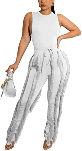 Roupas de 2 peças para mulheres sexy - tampas de mangas sólidas tampas de borla Fringe Tassel Praças longas de calças longas