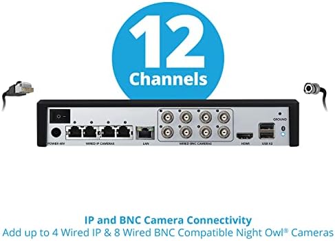 Night Owl Expandível 12 canais com fio Bluetooth DVR com BNC com fio e câmeras de destaque IP 4K com fio e disco rígido