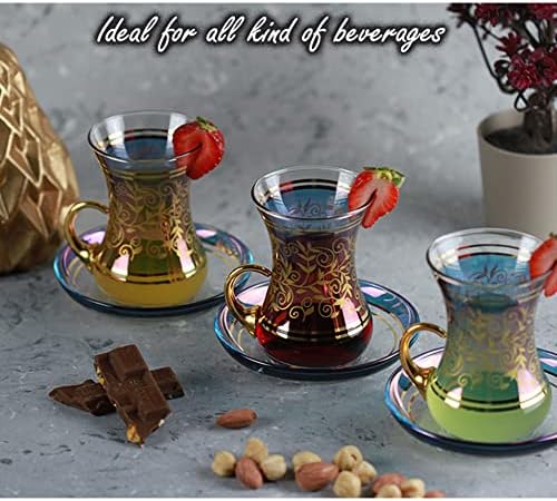 Copos de chá turcos vintage xícaras e pires Conjunto de 6 para adultos festas com alça de churrasqueiras de ouro de ouro, que serve