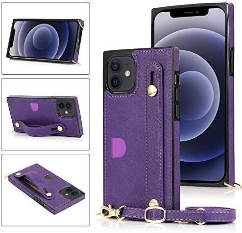 Tampa do telefone para iPhone12 2021 Leather, 6,1 polegadas Kickstand Purple Card Slot Hanging Strip, Presente de