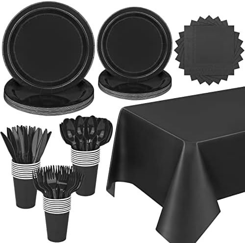 Ruisita 193 peças conjunto de utensílios de jantar preto conjunto de tabela sólida, incluindo pratos descartáveis ​​de papel, xícaras, guardanapos, talheres, tampa de mesa para suprimentos de festa