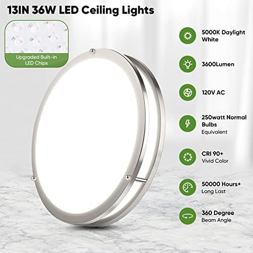36W 3600lm Super Bright LED Teto Light Feltures, 2pack Modern Flush Mount Teto Lights Daylight Branco 5000k, 13 polegadas