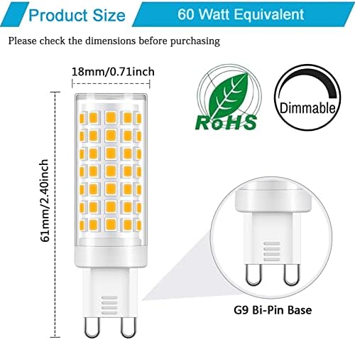 Bulbos LED XBocmy G9, equivalente a halogênio de 60W, 3000k Base branca quentes macios, diminuído, G9 BI, substituição da lâmpada